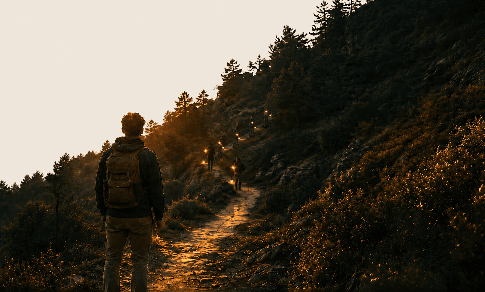 A hiker with a backpack walking a forest trail at golden hour
