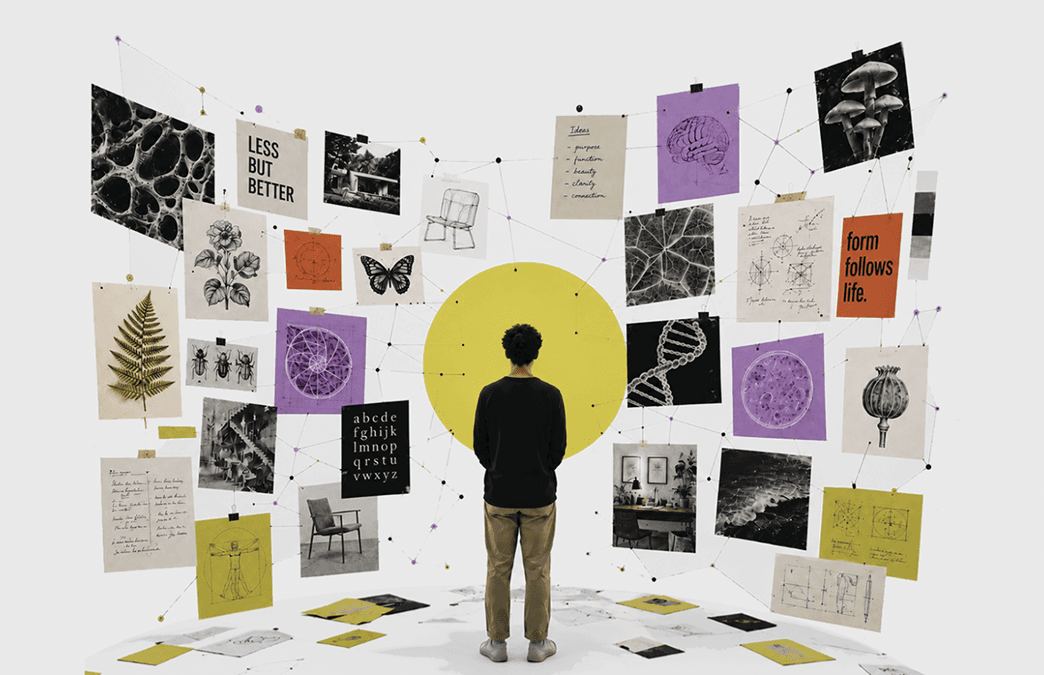 A person standing before a wall covered in pinned images, notes, and a yellow circle